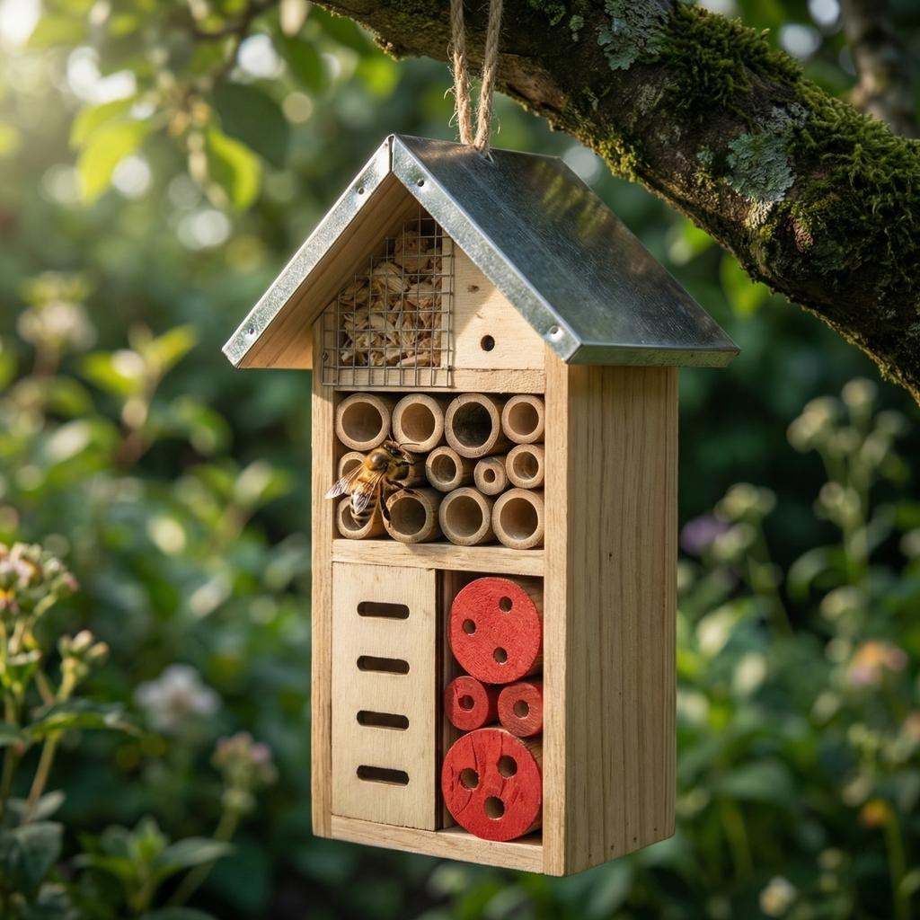 Natural Wooden Insect Hotel, Bee House For Garden, Garden Insect House For Ladybugs, Lacewings, Butterfly, Bee,