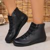 Women'S Autumn Winter Pu Leather Ankle Round Toe Lace Up Retro Work Shoes Woman Comfortable Flat Heel Casual Short Boots 43
