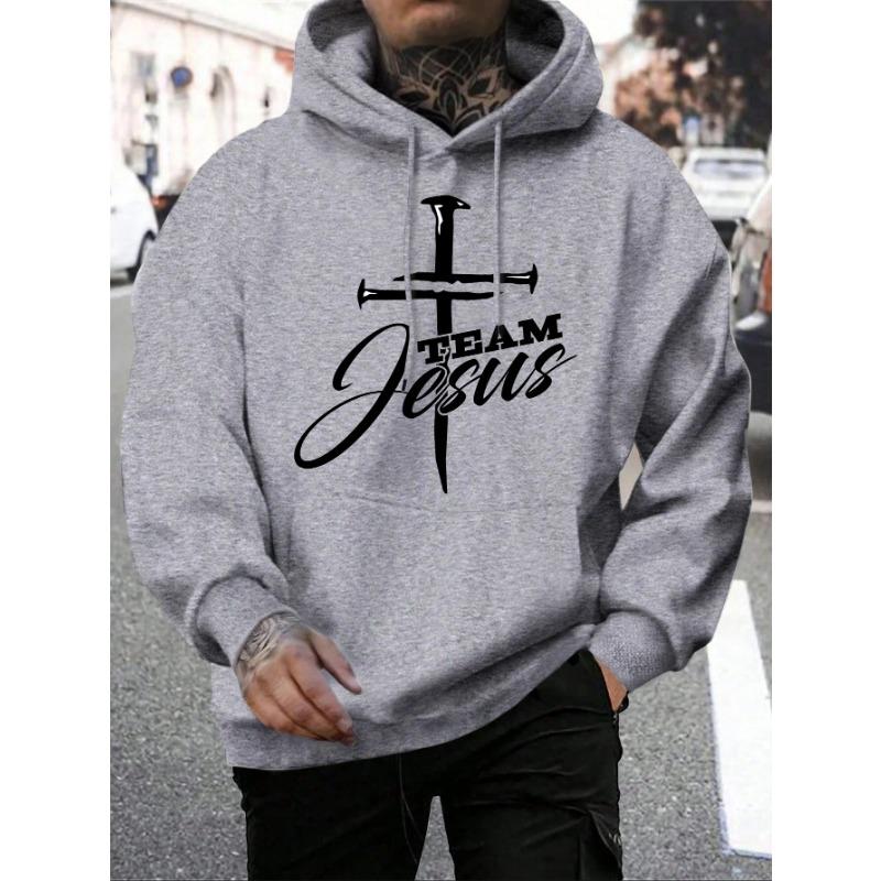 Team Jesus Letter Design Printing Men's Sweatshirt Fashion Warm Hooded Casual Pocket Hoodies Autumn Loose Streetwear