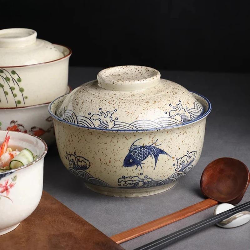 Japanese Ceramic with Lid Soup Ramen Bowl Dessert Snack Large Capacity Service Bowls Restaurant Tableware