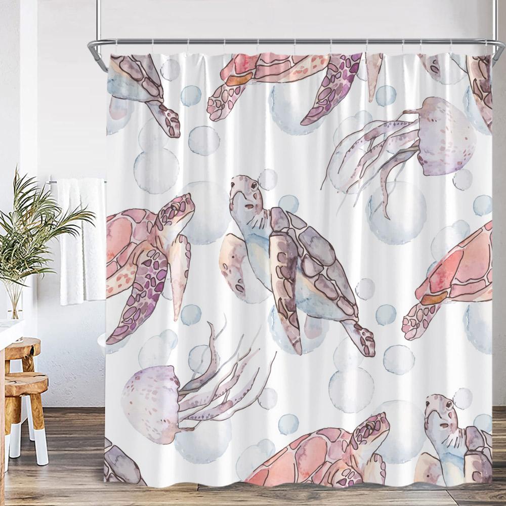 Cartoon Ocean Animals Kids Shower Curtains Tropical Fishes Coral Starfish Shell Bathroom Decorations Funny Children Bath Curtain