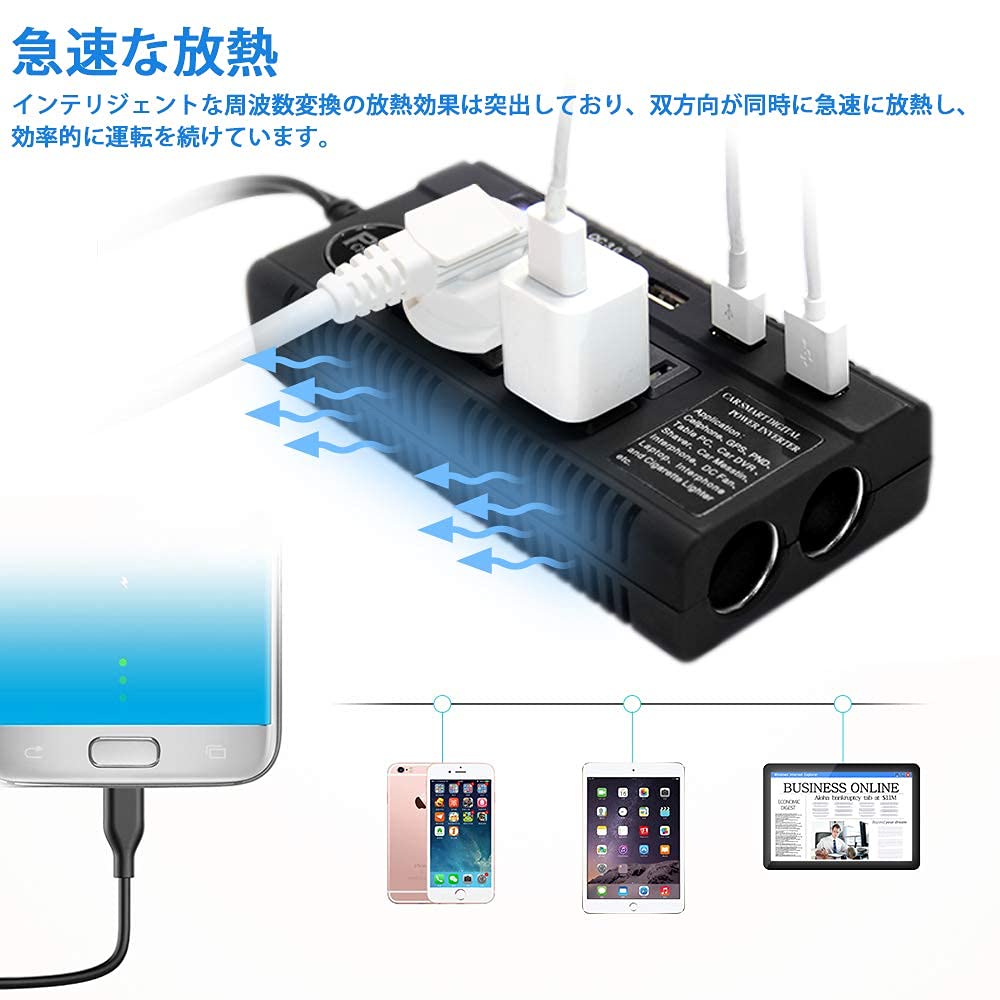 (New Model) Car Inverter, Car Charger, Converts 120 W, DC 12 V, 24 V