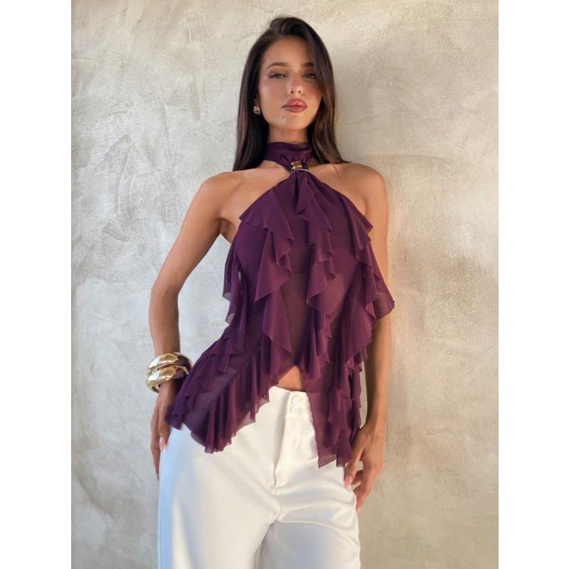 Purple Halter Mesh Ruffled Off Shoulder Sleeveless Sexy Women Casual Top