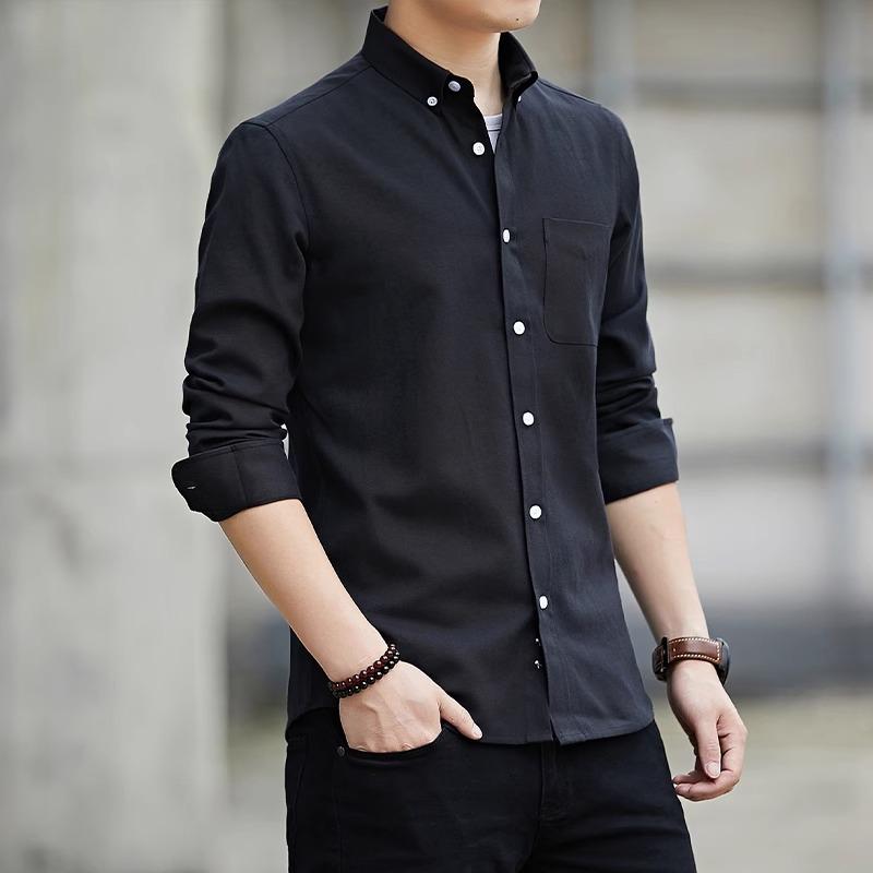 

Men s Spring Slim Long-Sleeve Button-Downs: Casual Lapel-Collar Shirts XXXXL чорний