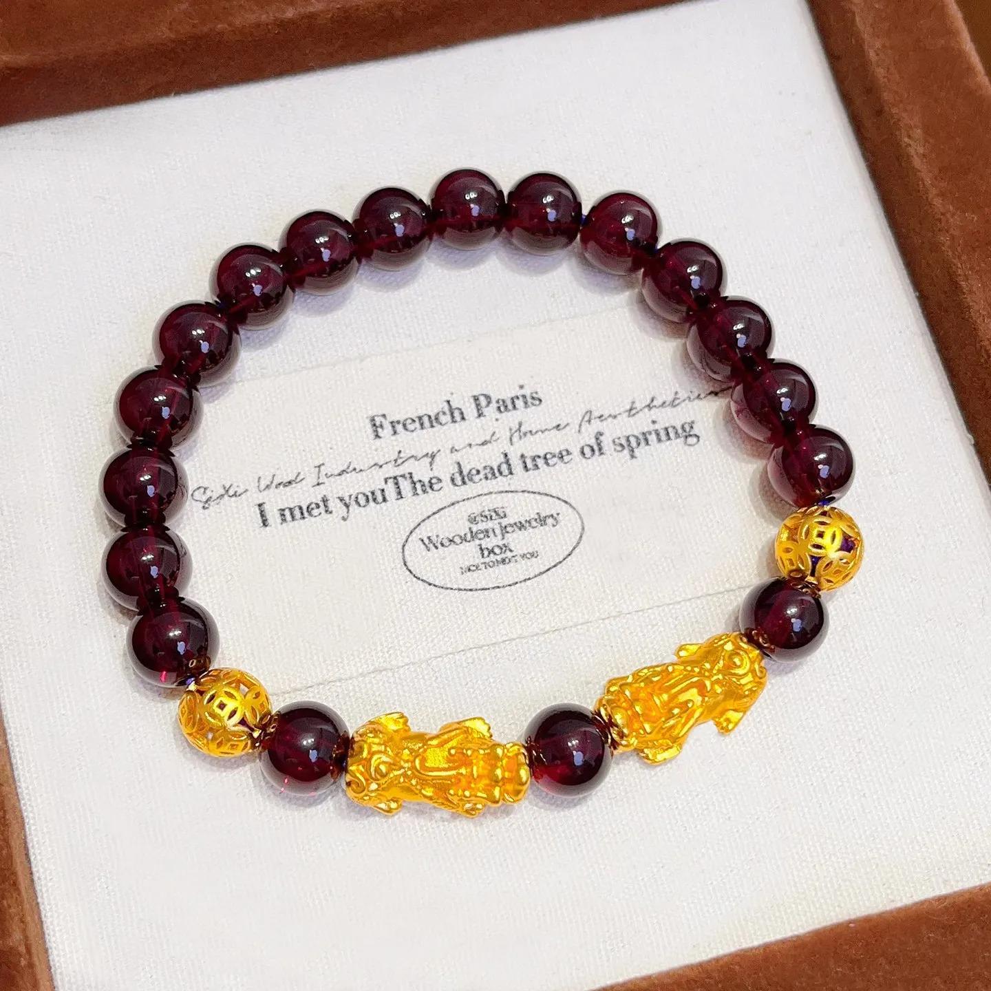 Light Luxury Hollow Coin Bead Pixiu Garnet Color Bracelet Women 24K Gold AU999 Chinese Style Eye-Catching 18cm