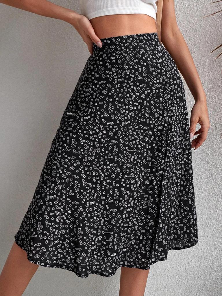 2025 European Floral Print High-Waist Bodycon Midi Skirt with Slit