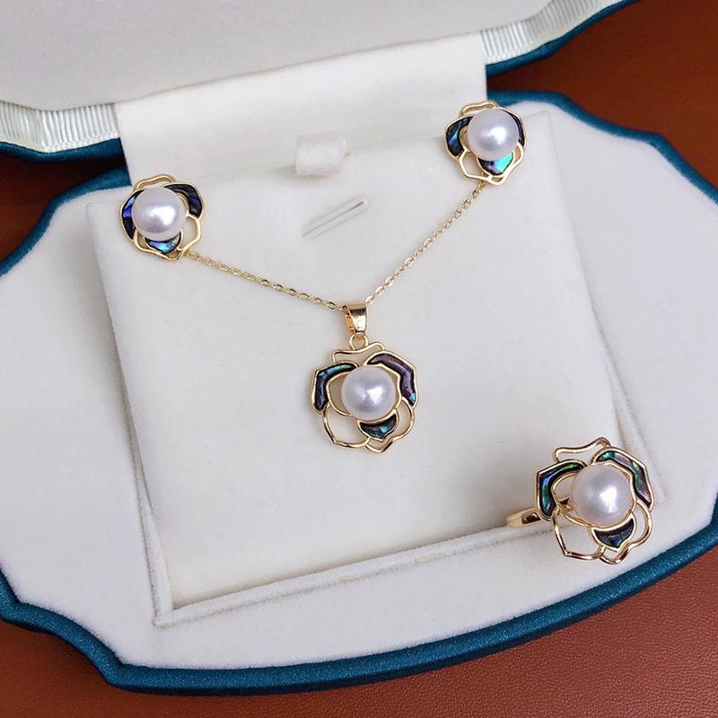 Exquisite Freshwater Pearl & Abalone Shell Jewelry Set: Earring, Ring, Pendant - Camellia Design
