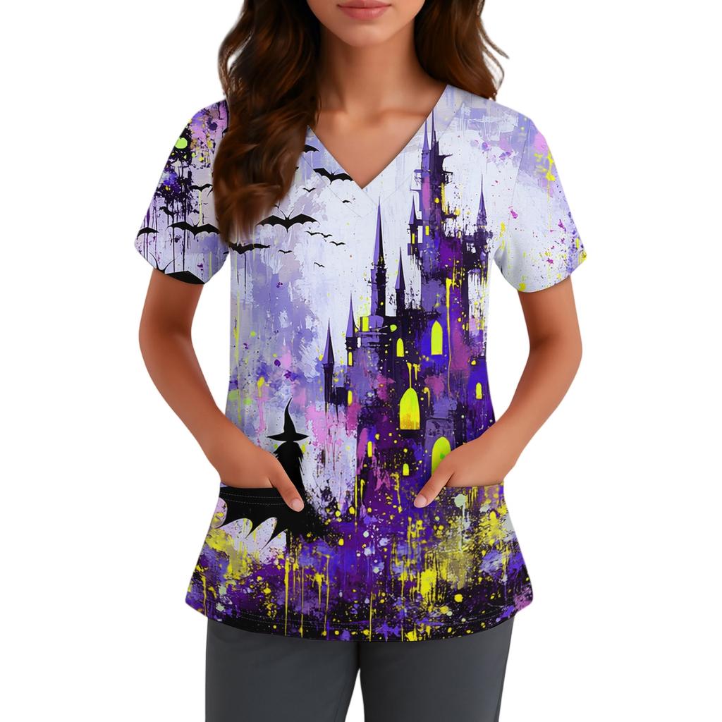 Women V Neck Short Sleeve Work Shirt with Pocket Halloween Printed Top for Nurse Healthcare Uniform Scrub Top