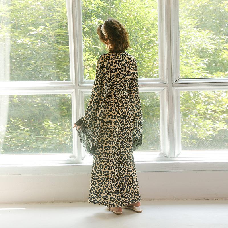 Leopard Print Lace Patchwork Robe with Flare Sleeves - Women's Tie-Up Bathrobe, Sexy Homewear