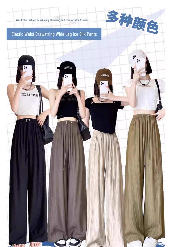 Ice Silk Pleated Wide-Leg Maternity Pants - No Waistband, Petite Fit, Drawstring, Spring/Summer Style