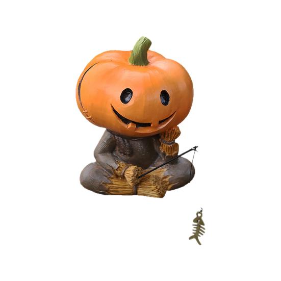 Pumpkin Head Scarecrow Figurine Fishing Scarecrow Sculpture Halloween Decor Pumpkin Statue for Fish Tank Aquarium Pond