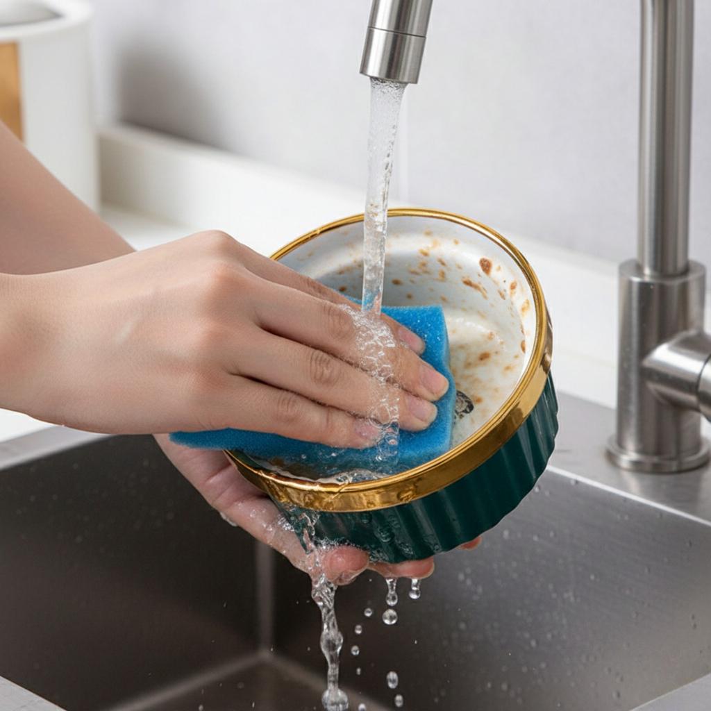 Set of 2 x 300ml double bowl for cat and dog on a stand, ceramic, gold ears, PetJet