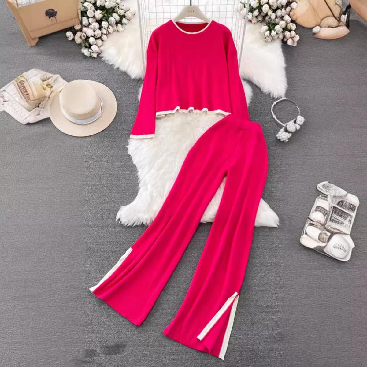 

Женский комплект из свитера и брюк, повседневные свитера, костюмы на осень и зиму, трикотажные свободные топы с длинным рукавом в полоску, элегантные эластичные свитера-брюки M