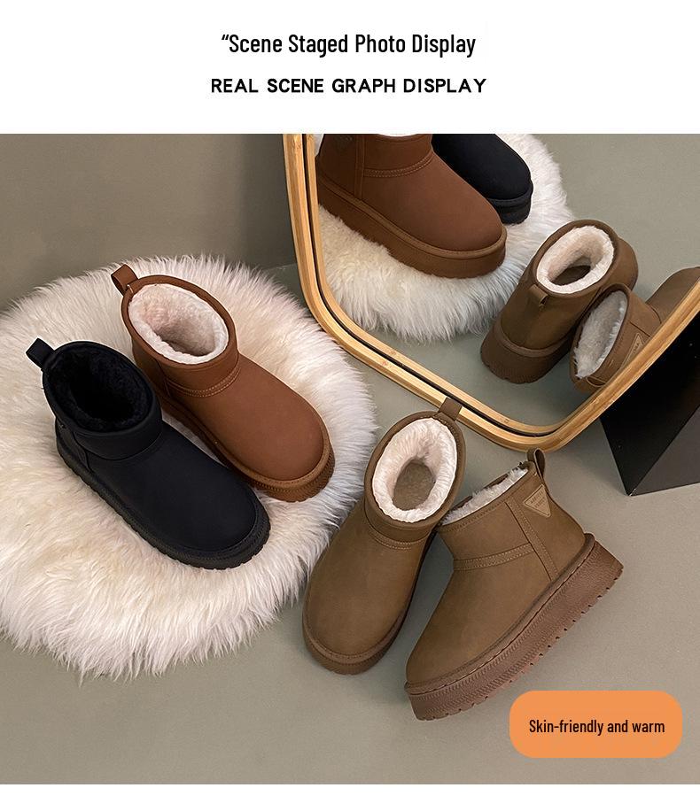 Women's 2025 Autumn/Winter Korean Fleece-Lined Leather and Fur Snow Boots with Thick Soles