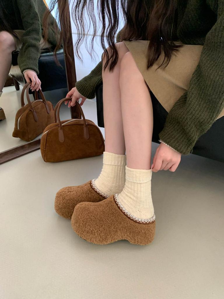 Small Man Inner Height Increase 7CM~ Birkenstock Shoes Women Wear Lamb Wool 2025 Autumn and Winter Cotton Shoes Retro Forest Bag Head Cotton Mop