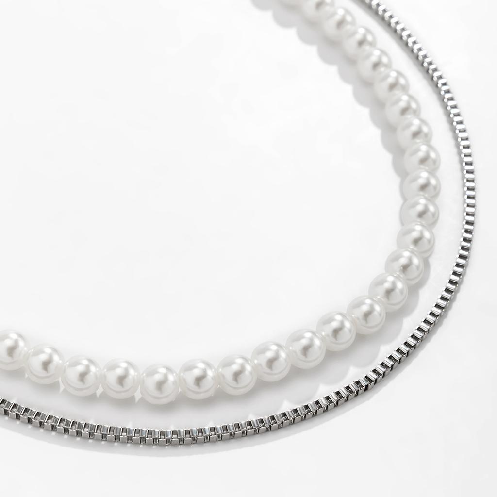 Trendy Hip-Hop Style Geometric Box Chain Layered Imitation Pearl Double Layer Necklace Fashionable Personality Men's Necklace