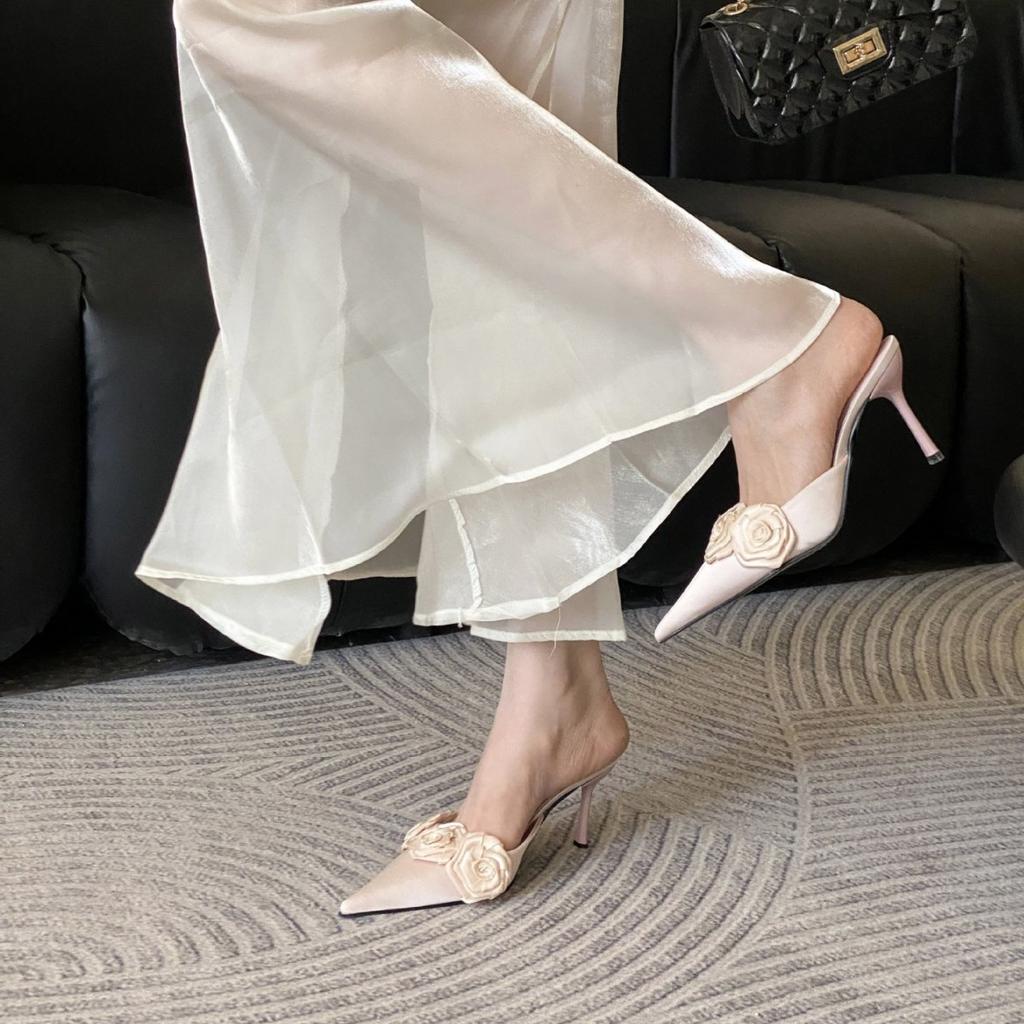 Women's Shoes Spring Pointed Toe Thin Heel High Heel Elegant French StyleSatin Flower Closed Toe Mules