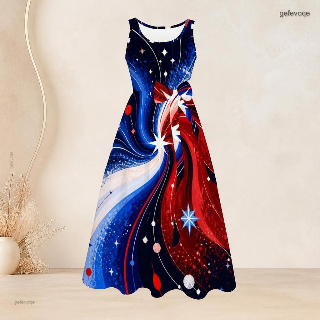 Damen Übergröße Rundhals Ärmellos Adler Print Beige Marine Krawatte Taille A-Linie Langes Kleid