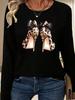 Spring and Autumn Women's 100% Cotton Fashion Casual Loose Butterfly Pattern Print Round Neck Long Sleeve T-shirt Base Shirt