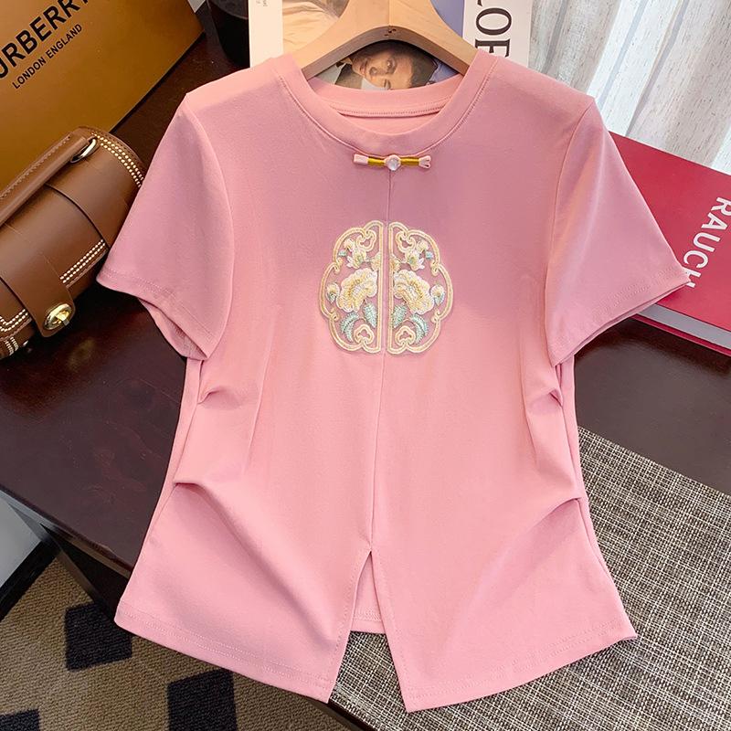 

Футболка с короткими рукавами для женщин, короткая новая футболка с круглым вырезом и вышивкой, красная плиссированная облегающая талию, новый топ в китайском стиле 2XL розовый