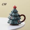 Ergonomic Handle Ceramic Mug Christmas Tree with Star Lid, 340ml Festive Holiday Coffee Cup for Hot Microwave Safe Cocoa And Milk, Retro Curved
