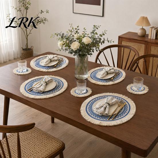 Pastoral Home Decor Mats Vintage Round Coasters, Cotton Linen Placemats, Soft Jute Rustic Style Coasters Tassels Drink Mats, Handwoven Table
