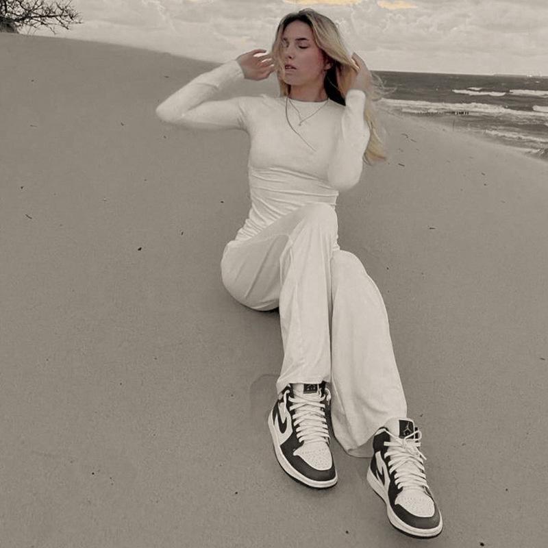 

2025 Spring/Summer European & American Women s Casual Solid Color Crew Neck Long Sleeve Top & Wide Leg Pants Set Medium білий
