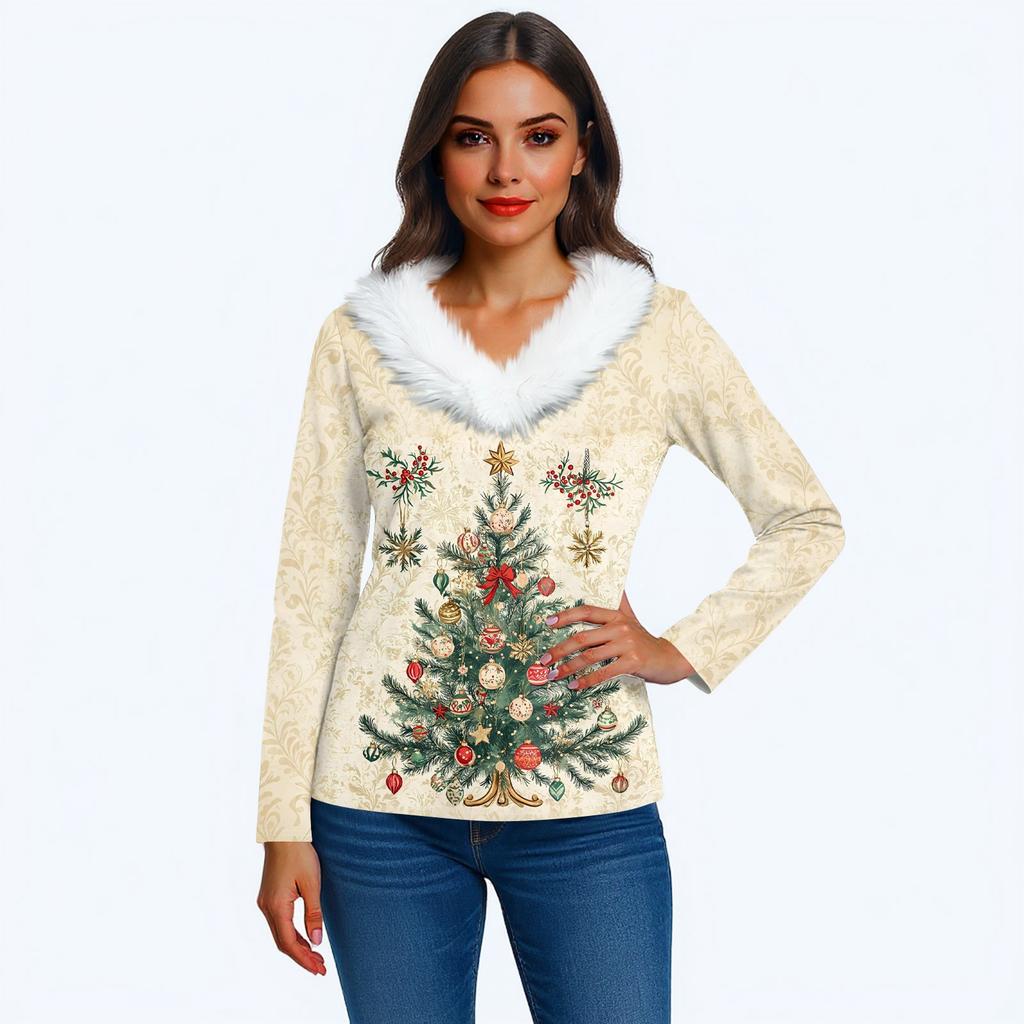 Women's T Shirt Tee Christmas Print Shirt Long Sleeve Party Christmas Fleece Collar V Neck  Top