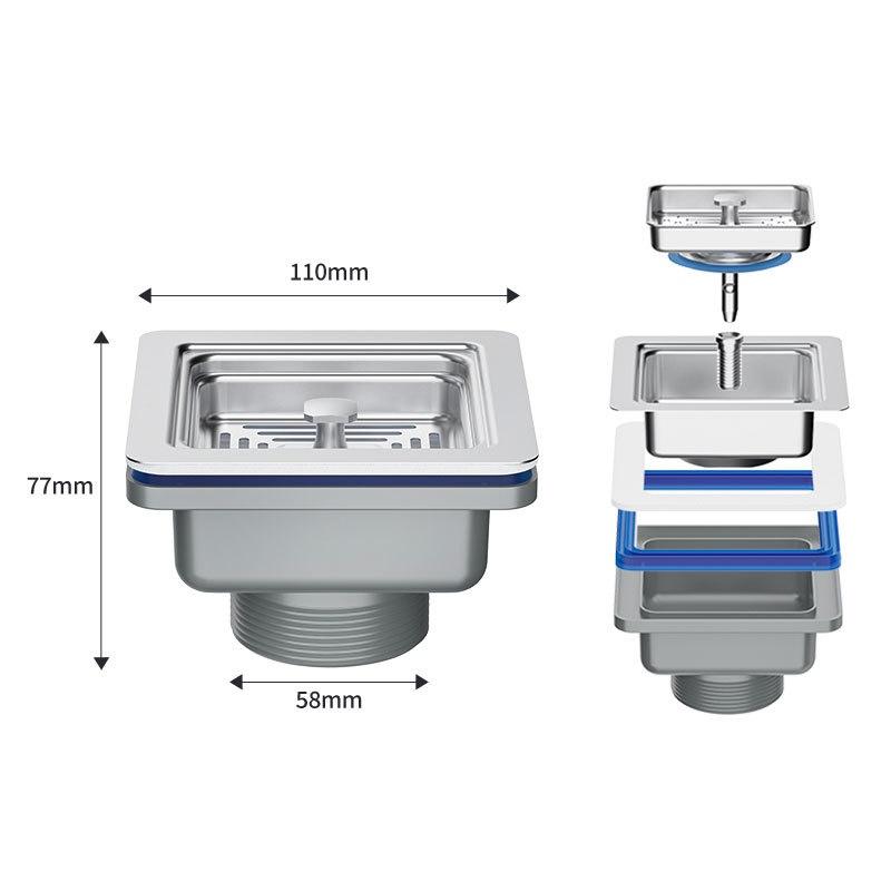 Stainless Steel Sink Square Drainer Kitchen Drains Strainers Filter Dregs Deodorant Hose Flume with Overflow Kitchen Accessories