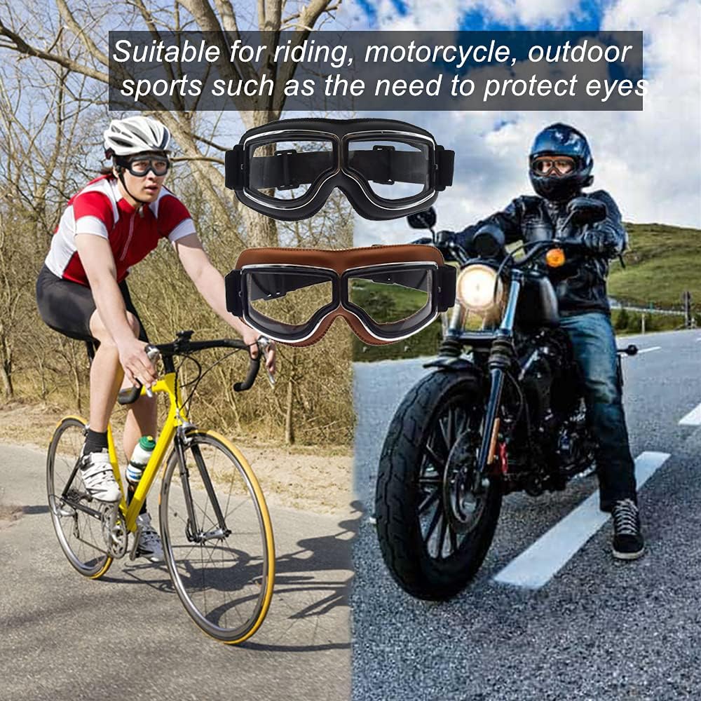 Motorcycle Goggles,2 Pack Vintage Anti Fog Pilot PU Leather Glasses Dustproof ATV Off Road Motorbike Helmet Eyewear Protect For Ridding Motorcross