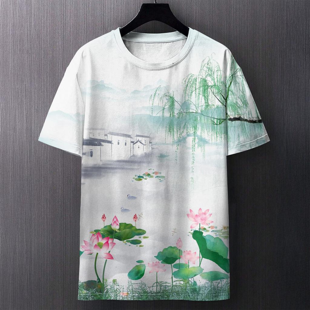 Summer Round Neck 3D Chinese Ink Landscape Print Top Fashionable Casual Short Sleeved Men's T-shirts