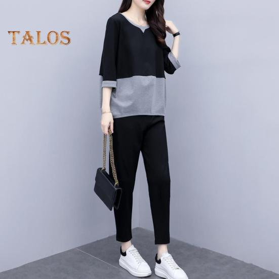 2 ks/sada Dámské tričko Kalhoty Set Sportovní oblečení Colorblock Top s kulatým výstřihem Poloviční rukáv Top Elastický pas Dlouhé Kalhoty Běžné kalhoty Top na dojíždění