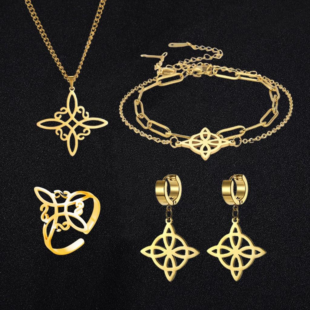 Stainless Steel Jewelry Set Witchcraft Knots Pendant Necklace Bracelet Earring Rings Collection Fashionable Accessories