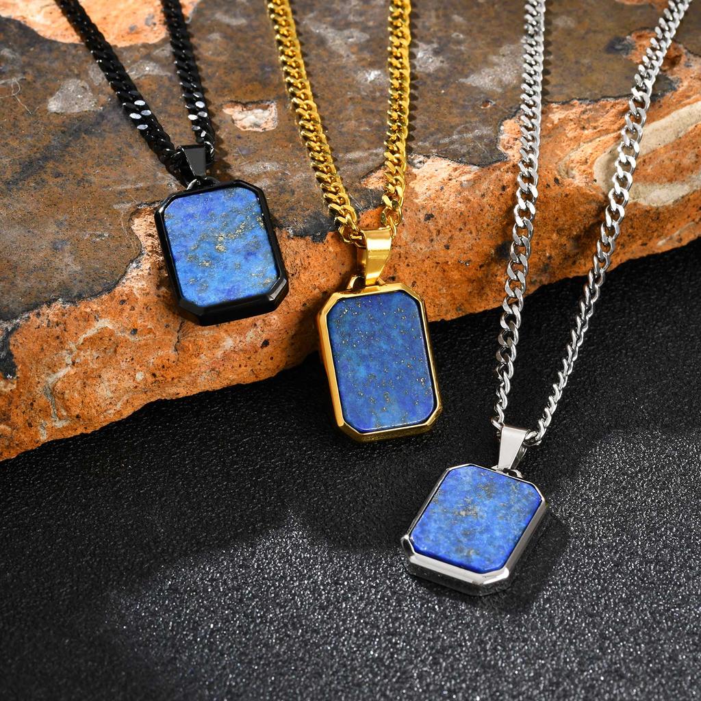 Trendy Stainless Steel Necklace for Men, Square Blue Natural Stone Pendant Necklace, Hip Hop Punk Jewelry Gifts