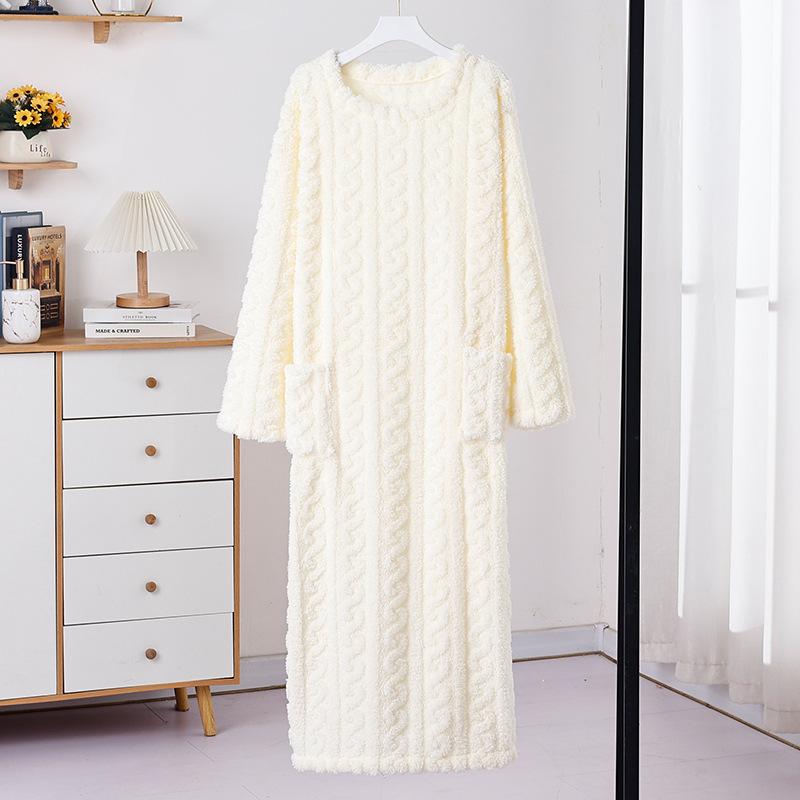 Fashion Winter Women Nightgowns Jacquard Dress Night Dress Loose Solid Color Thickened Flannel Sleepwear Home Clothes
