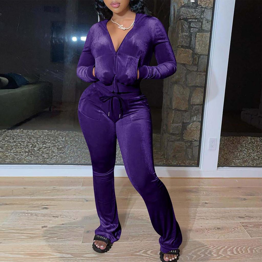 Women's Casual Color Hooded Zipper Top Wide Leg Pants Suit