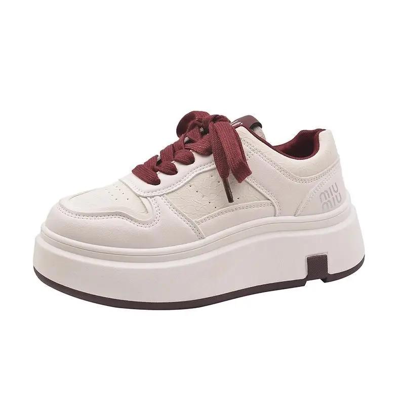SyfIyno New Spring Summer Soft Leather Thick Soled Shoes Casual Sports Shoes Low Cut Height Increasing Flat Shoes