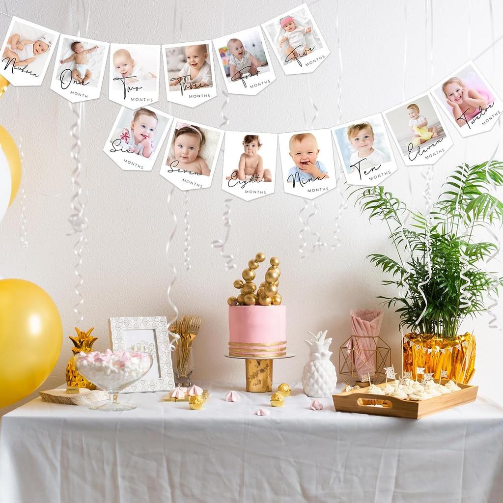 2Pcs 1st Birthday Baby Photo Banner for Newborn To 12 Months Monthly Milestone Photograph Bunting Garland Gender Neutral Picture Display Garlands for