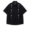 Unisex Brown Floral Embroidery Short-Sleeve Oversized Shirt Casual Button-Down To