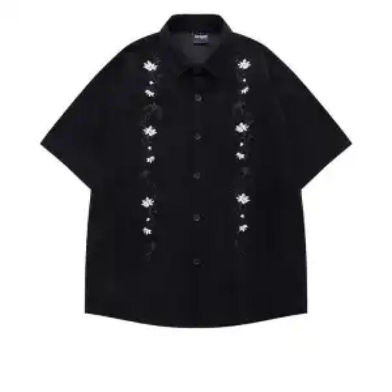 Unisex Brown Floral Embroidery Short-Sleeve Oversized Shirt Casual Button-Down To