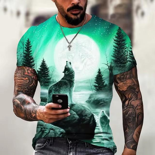 Summer Round Neck 3D Wolf Print Top Fashionable Casual Short Sleeved Men's T-shirts