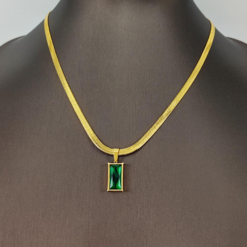 Temperament Luxury Geometric Square Green Zircon Pendant Gold Color Stainless Steel Snake-bone Chain Necklace for Women Jewelry