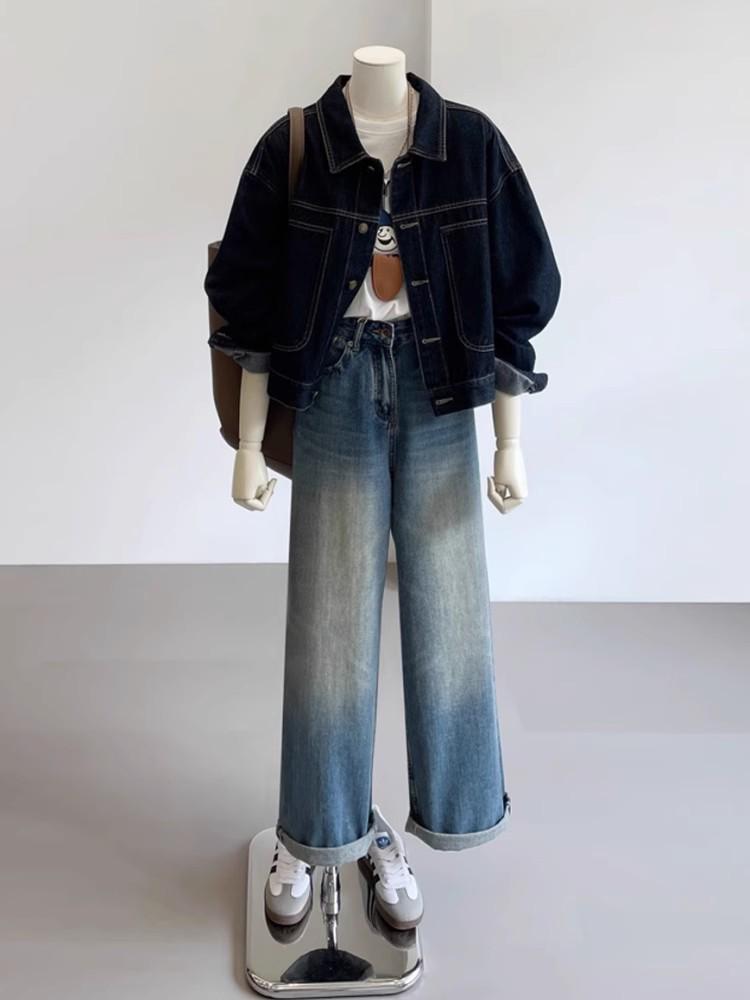 Damska Krótka Retro Kurtka Jeansowa - Granatowa, Casualowy Design z Kieszeniami, Krótki Styl Roboczy na Wiosnę i Jesień.