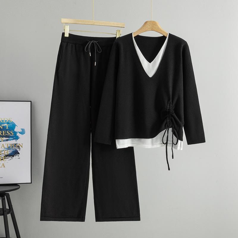 Das Neue Herbst- und Winter-Mode-Set für Damen verfügt über ein Tunnelzug-Design am Saum, einen zweiteiligen Pullover mit gefälschtem V-Ausschnitt und eine Hose mit weitem Bein.