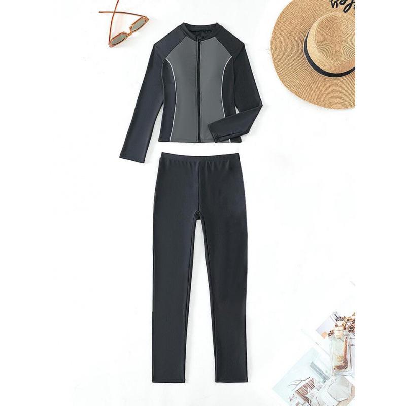 

Женский купальник с длинным рукавом, цветной блок, 2024: Черно-серый дизайн на молнии, сексуальный солнцезащитный гидрокостюм для дайвинга, модная одежда для горячих источников. L