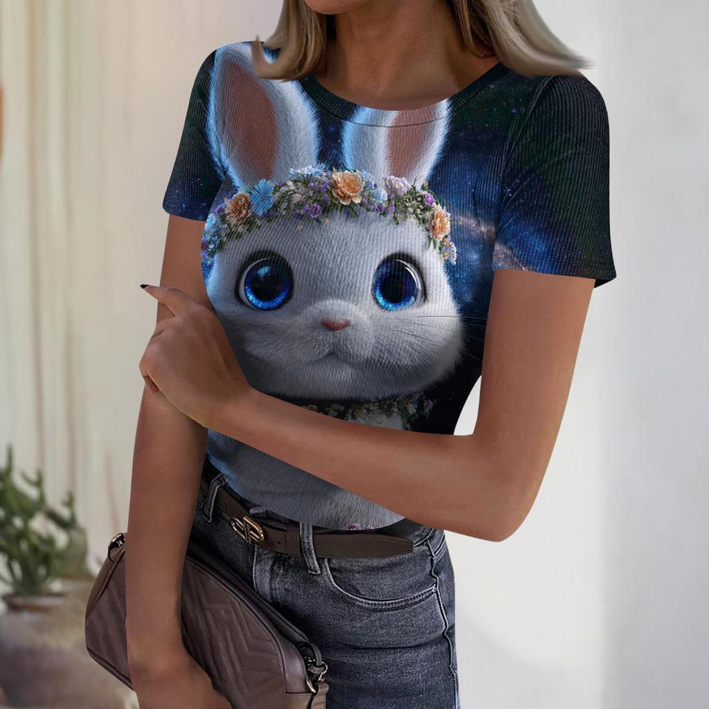 Women's Casual Fashion Round Neck Easter Print Short Sleeve Ribbed Top
