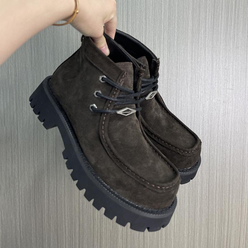 Nya Produkter Dam Derby-skor Läder Brun Mocka Rund Tå Snörning Tjock Sula Mångsidig Loafer För män