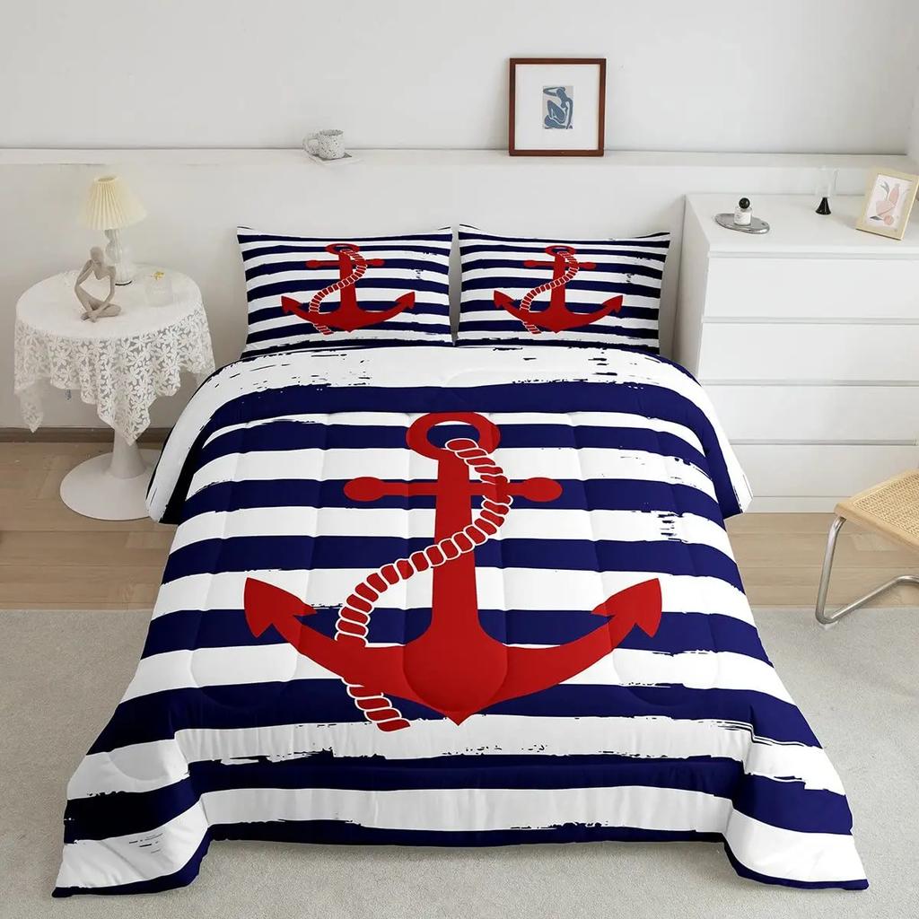 Comforter Anchor Nautical Steamboat Bedding Set Ocean Coastal Theme Blue And White Strip For Kids Adults King Size