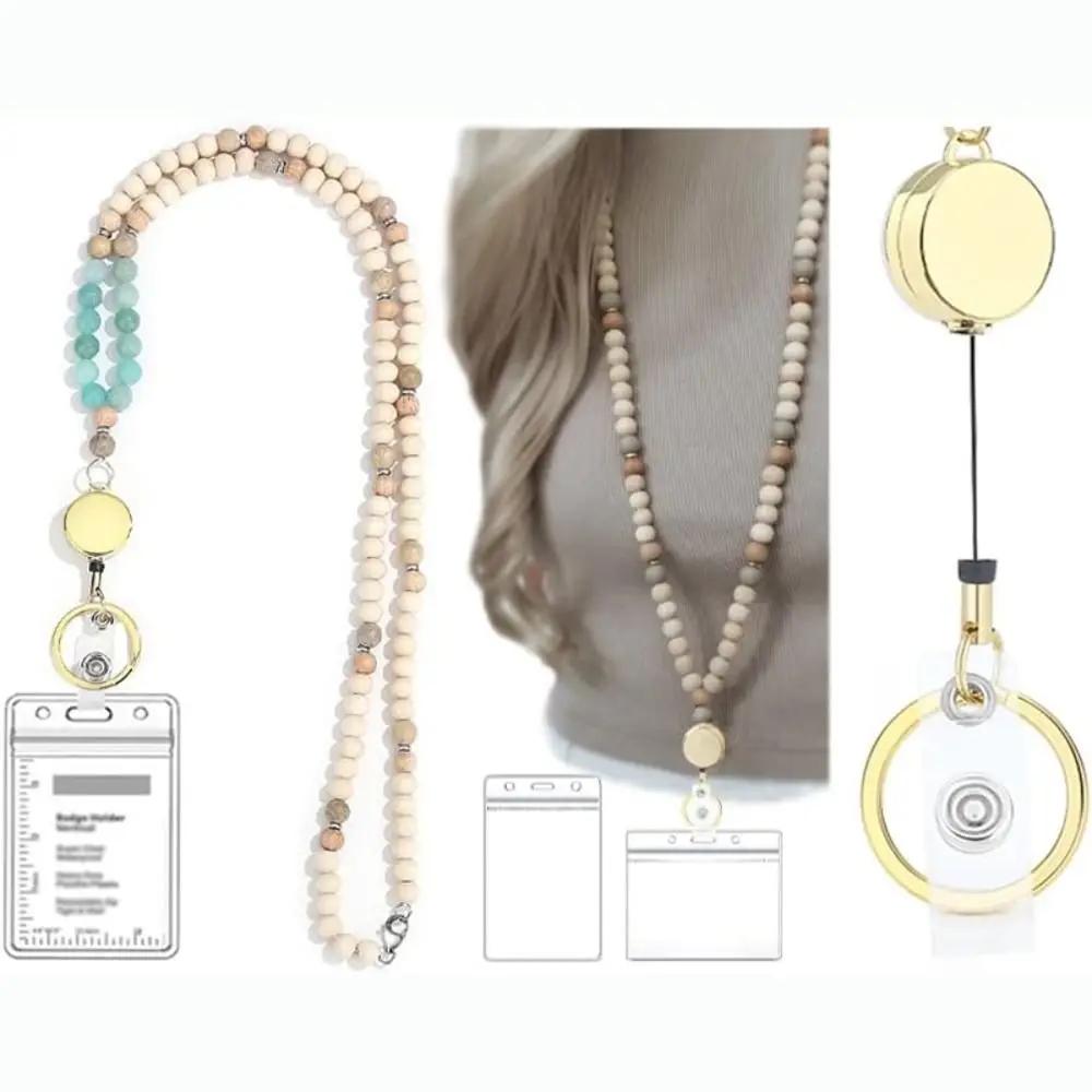 1 Set Fashion Wood Beaded Lanyard with ID Holder Pink Daisy Beads ID Holder Strap with Tassel String for ID Badges Women