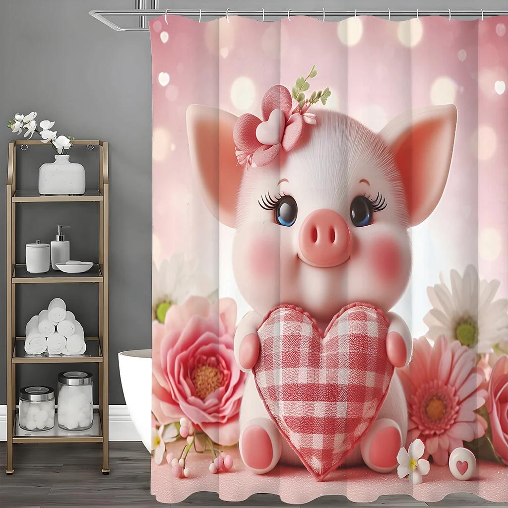 Rosa Söt Liten Gris Kärlekshjärta Blommig Duschdraperi, Dekorativt Duschdraperi för Badrum, Vattentätt Duschdraperi med Krokar